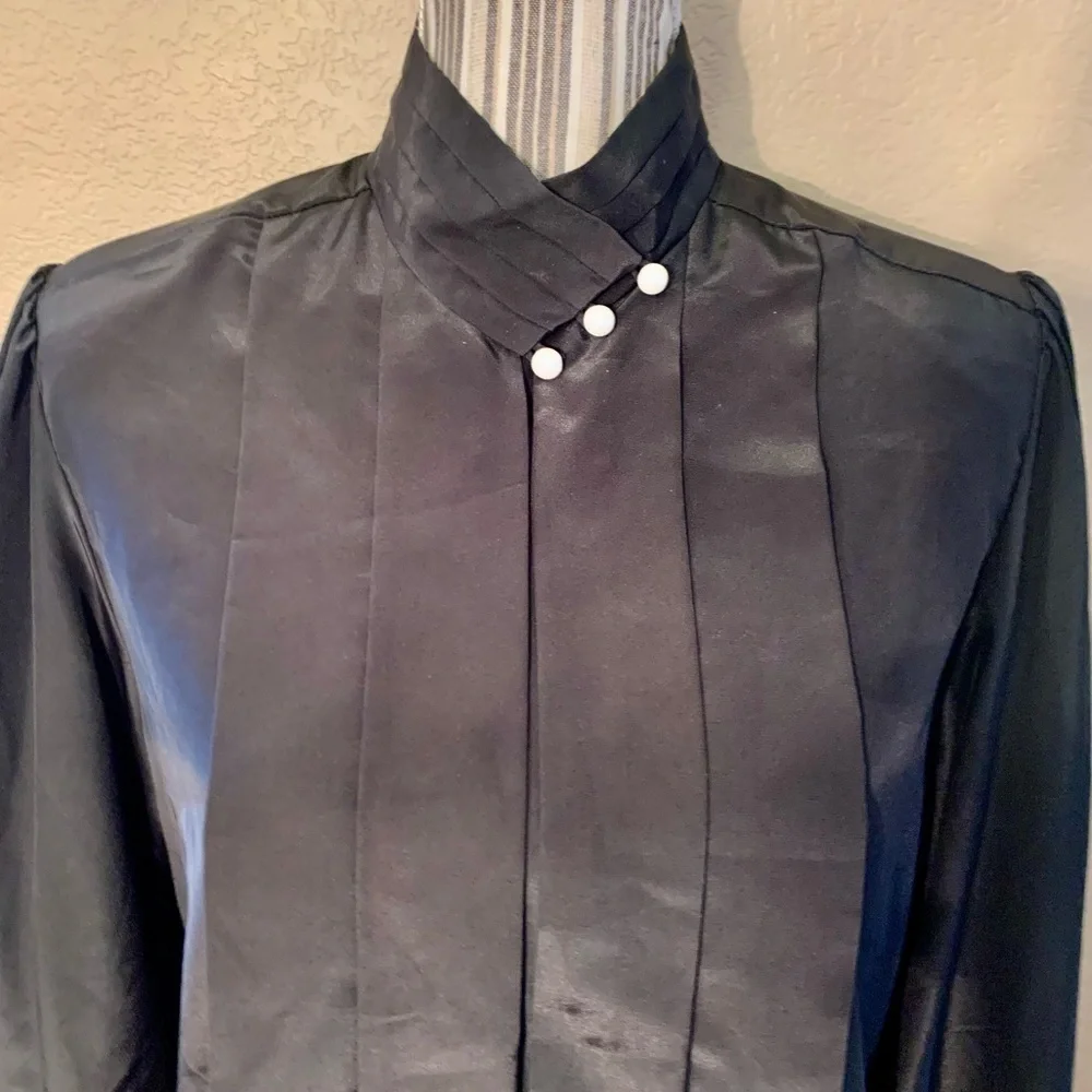Vintage Blouse Size 8 Susan Hutton Black Satin White Buttons Long Sleeve Classy - Picture 7 of 16